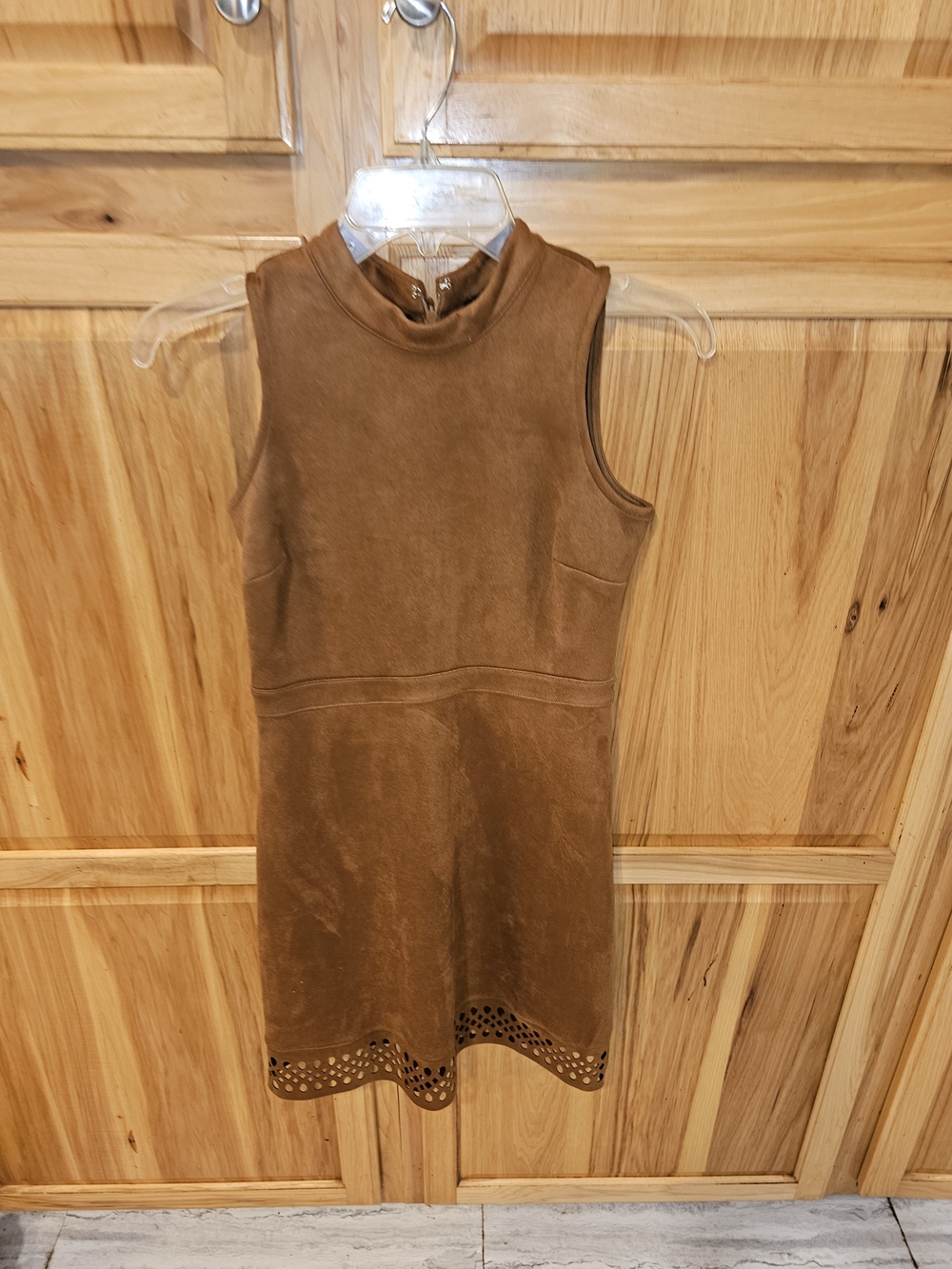 Ann Taylor Brown Sleeveless Suede-Look Mini Dress with Laser-Cut Hem